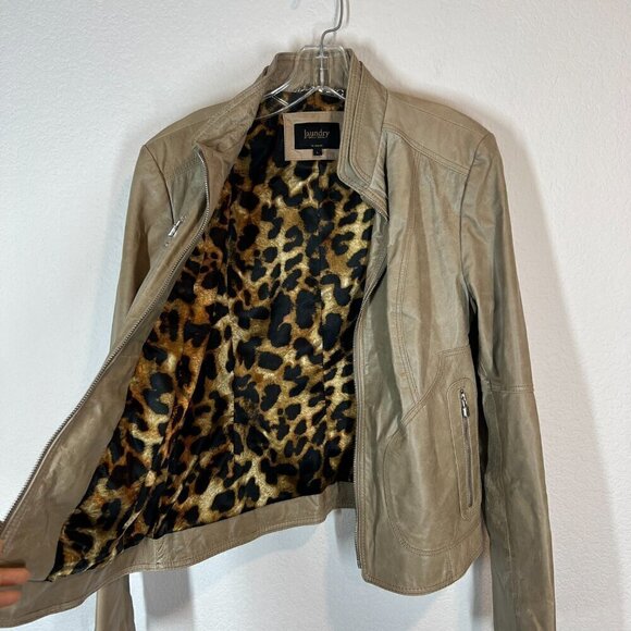 Laundry Leather Moto Jacket Leopard Lining Taupe Medium - Picture 4 of 11